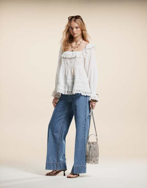 ASOS DESIGN mixed lace and broderie square neck top in white