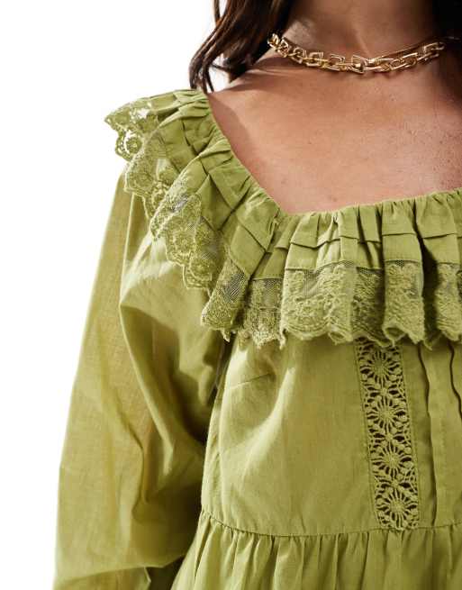 ASOS DESIGN mixed lace and eyelet square neck top in green