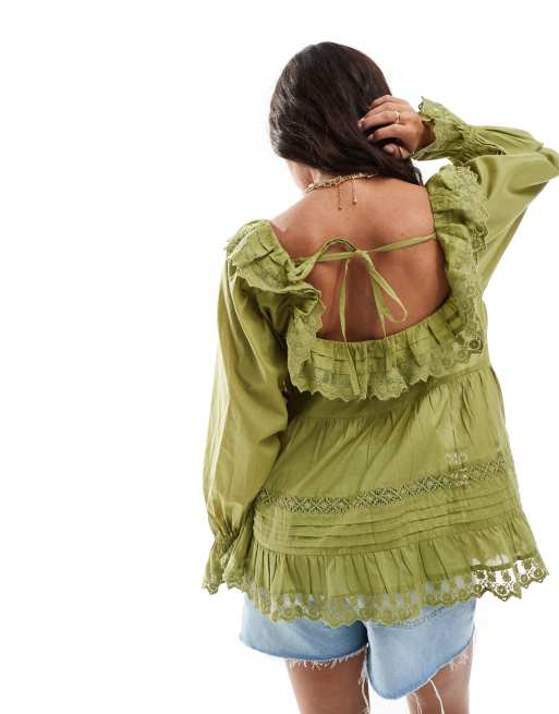 ASOS DESIGN mixed lace and eyelet square neck top in green