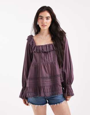 Asos Design Mixed Lace And Eyelet Square Neck Top In Burgundy