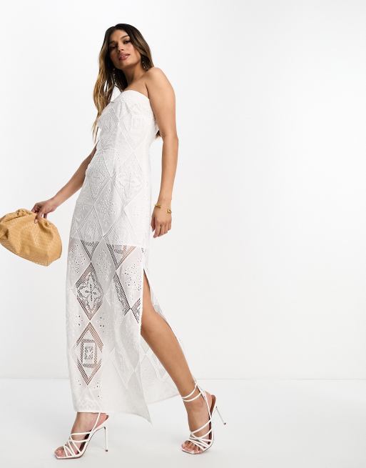 ASOS DESIGN mixed lace cutwork bandau midaxi dress in white