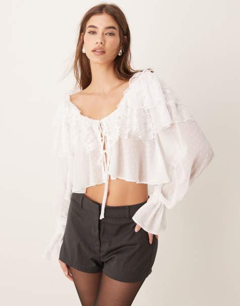 ASOS DESIGN mixed lace & dobby tie front ruffle blouse in ivory - view 1