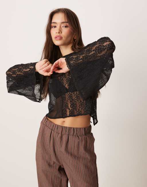 ASOS DESIGN mixed lace flared sleeve tie detail top in black