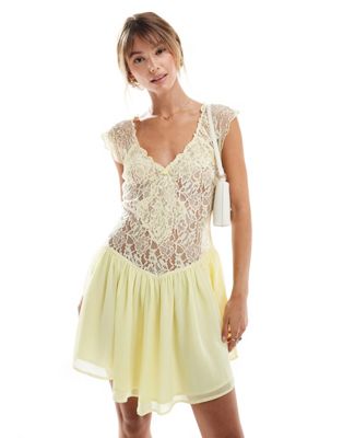 ASOS DESIGN Mixed lace mini tea dress in lemon yellow Sale