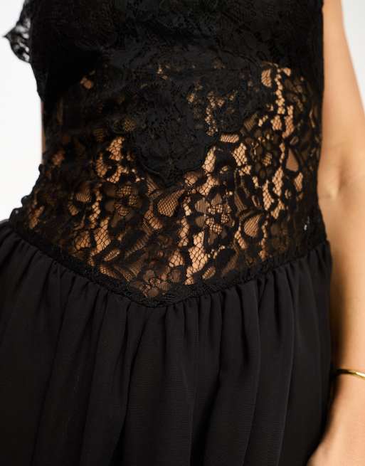 asos lace tea dress ASOS DESIGN puff sleeve 2-in-1 satin midi tea dress with lace trims in  slate blue