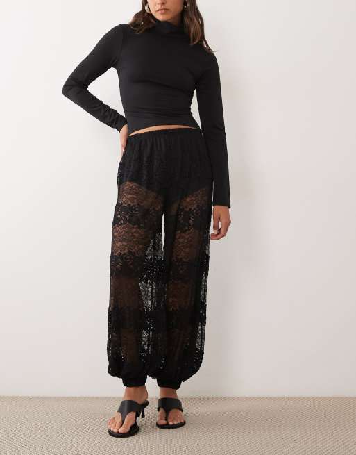 ASOS DESIGN mixed lace oversized balloonbroek in zwart, 2 van 5