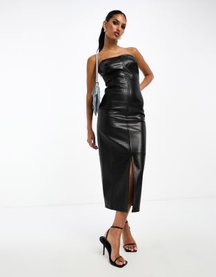 mixed leather look bandeau midi dress in black