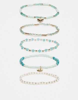 mixed multipack bracelets of blue beads and faux pearls in gold tone