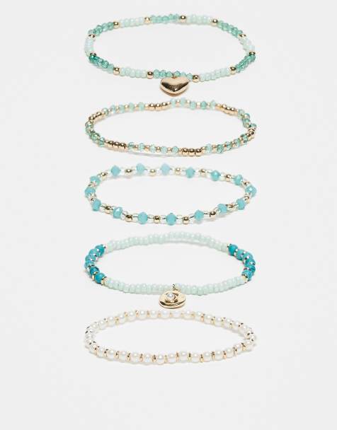 ASOS DESIGN mixed multipack of necklaces with blue beads and faux pearls in gold tone - view 1