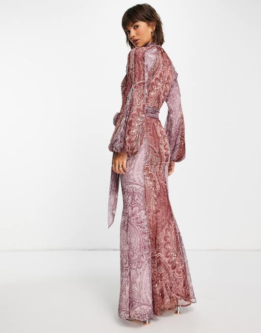 ASOS DESIGN mixed paisley maxi dress with lace trim detail and belt in  paisley print