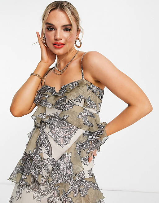 Women mixed paisley print bias cut midi dress with ruched back detail 