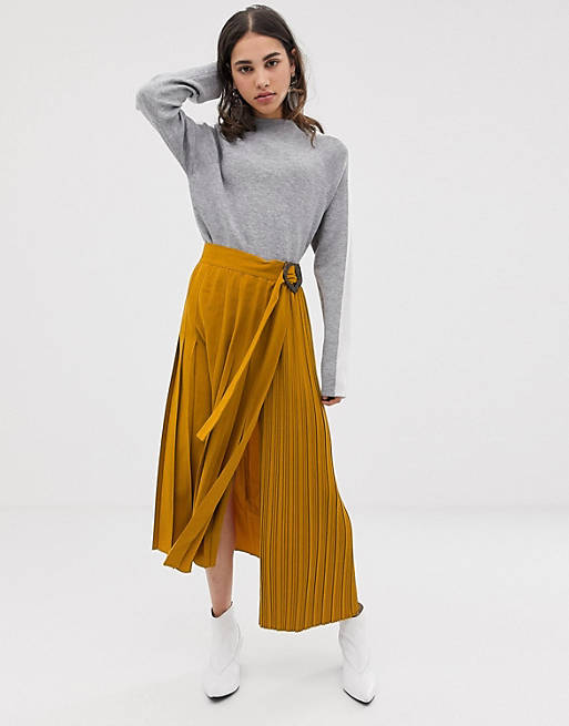 ASOS DESIGN mixed pleat midi skirt with buckle