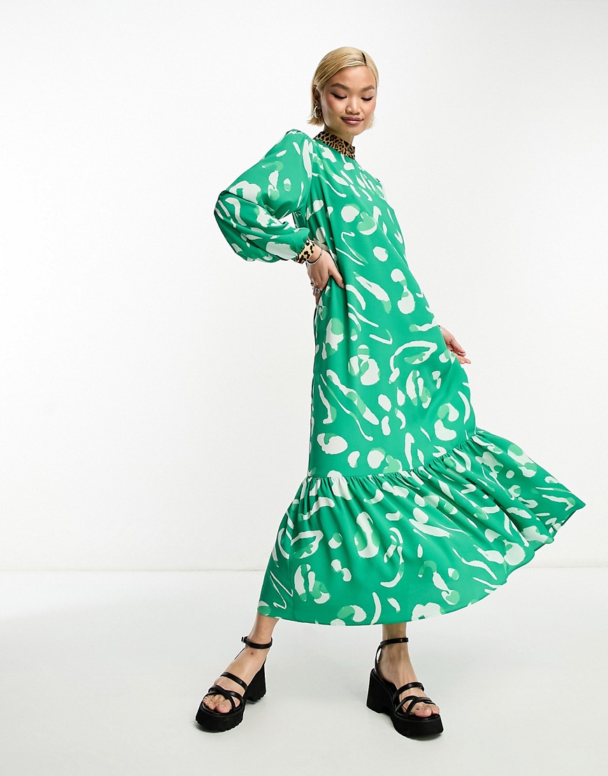 ASOS DESIGN mixed print high neck smock maxi dress in green abstract print-Multi
