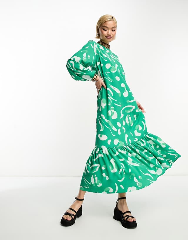 ASOS DESIGN mixed print high neck smock maxi dress in green abstract print