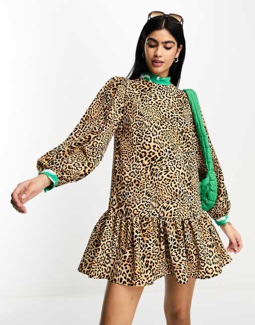 ASOS DESIGN mixed print high neck smock mini dress in animal print | ASOS