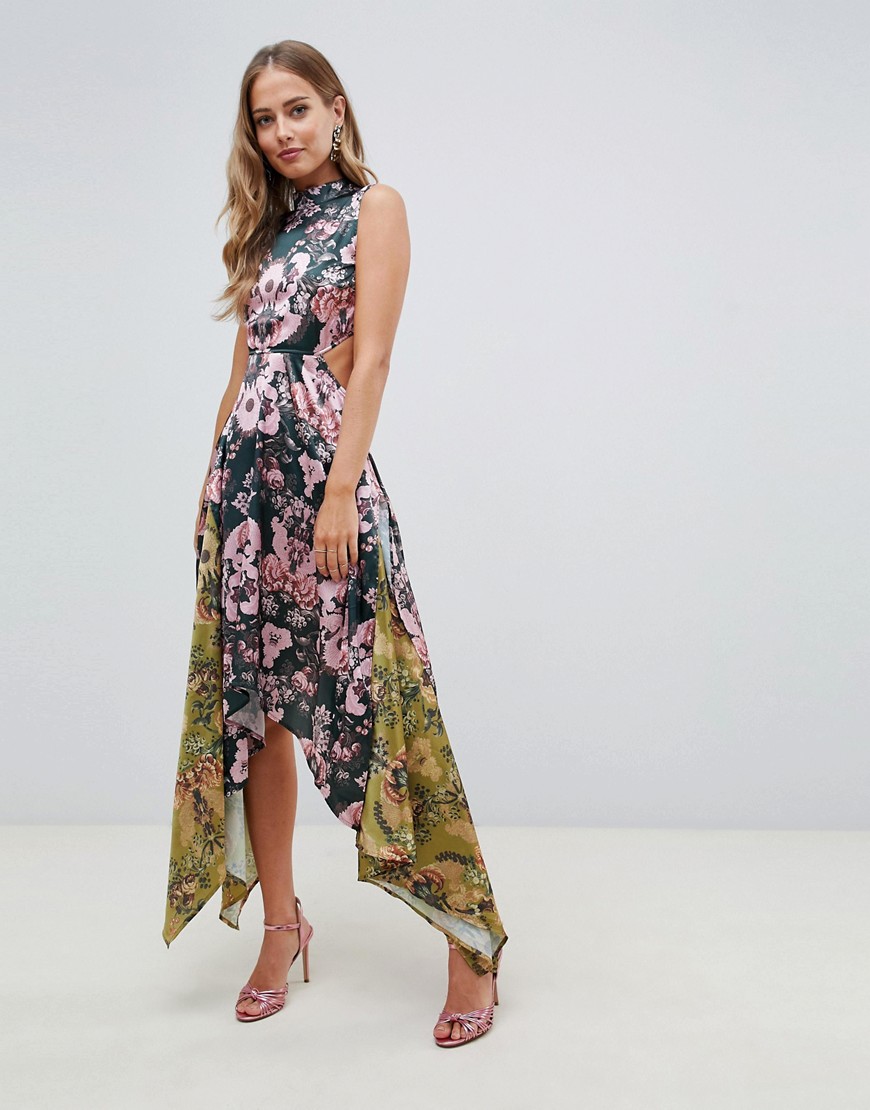 ASOS DESIGN mixed print midi dress with hanky hem and lace up back-Multi