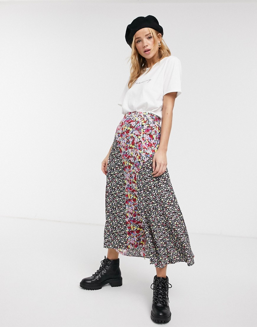 ASOS DESIGN mixed print panelled midi skirt with splits in pink floral-Multi