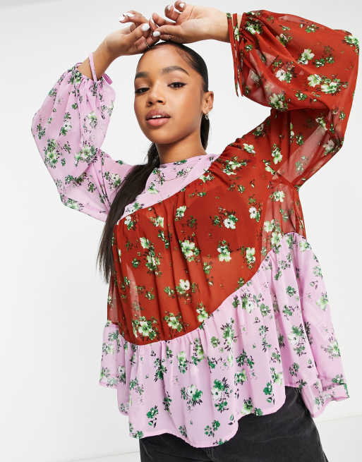 ASOS DESIGN mixed print smock blouse with long sleeve and tie