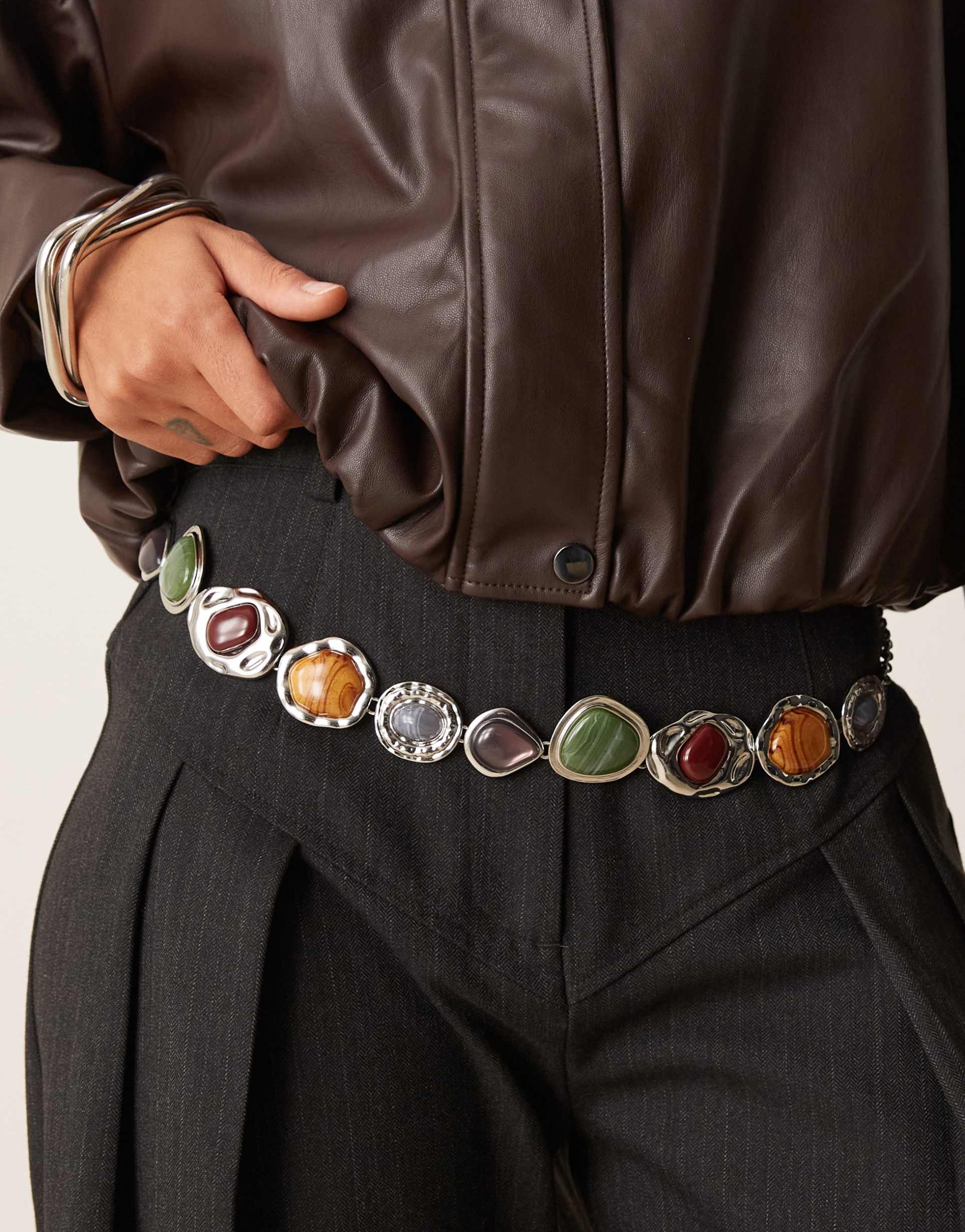 asos design mixed resin chain belt in silver tone