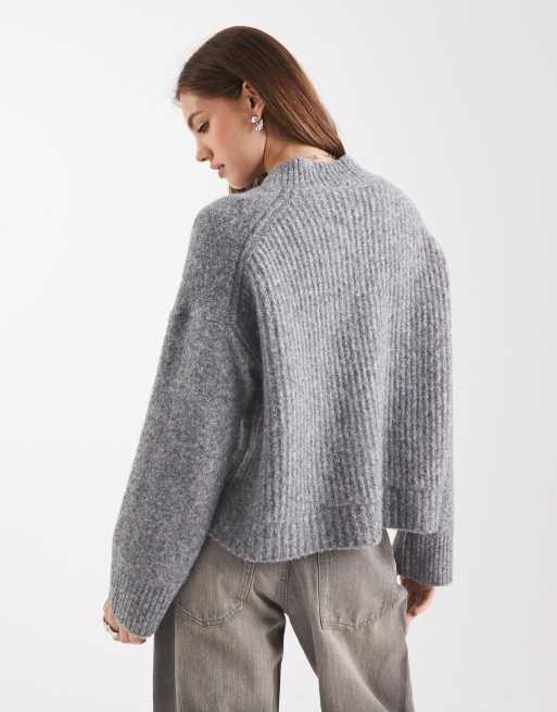 ASOS DESIGN fisherman mixed rib knit v neck sweater in gray 