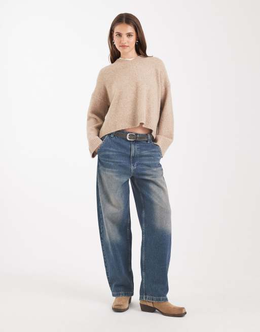 ASOS DESIGN mixed ribbed v neck sweater in oatmeal 