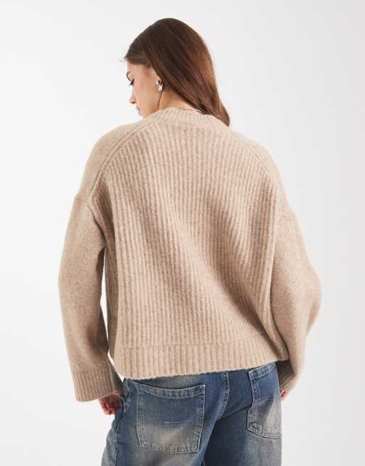 ASOS DESIGN mixed ribbed v neck sweater in oatmeal 