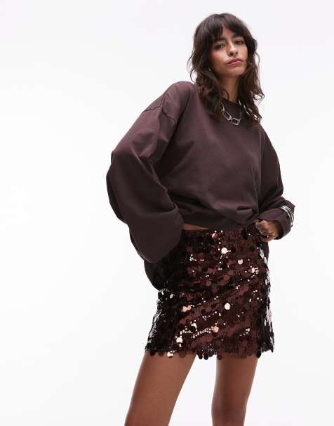 ASOS DESIGN mixed sequin mini skirt in brown
