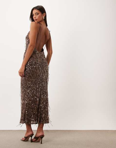 ASOS DESIGN mixed sequin plunge cami maxi dress in chocolate