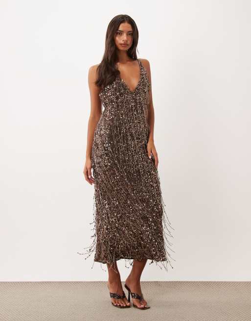 asos brown sequin dress DESIGN mixed plunge cami maxi in chocolate Navy Blue Lace Modest Navy Blue & White The eye Size:M | Camel Mélange