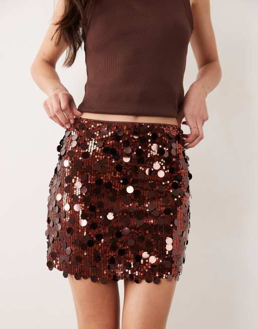 ASOS DESIGN mixed sequins mini skirt in chocolate, 5 of 5