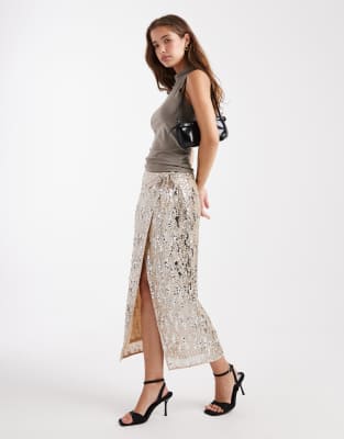 Asos Design Mixed Sequins Wrap Midi Skirt In Gold