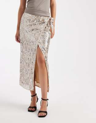 Asos Design Mixed Sequins Wrap Midi Skirt In Gold