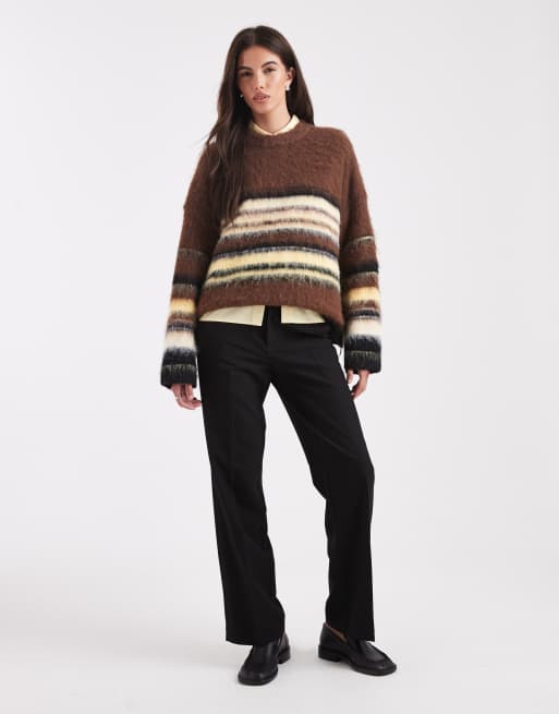 ASOS DESIGN mixed stripe crew neck jumper in brown, 2 of 4