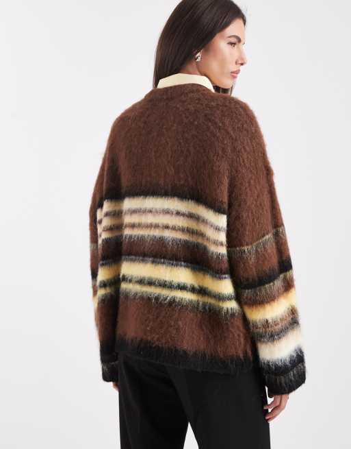 ASOS DESIGN mixed stripe crew neck jumper in brown, 4 of 4