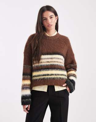 Asos Design Mixed Stripe Crew Neck Sweater In Brown