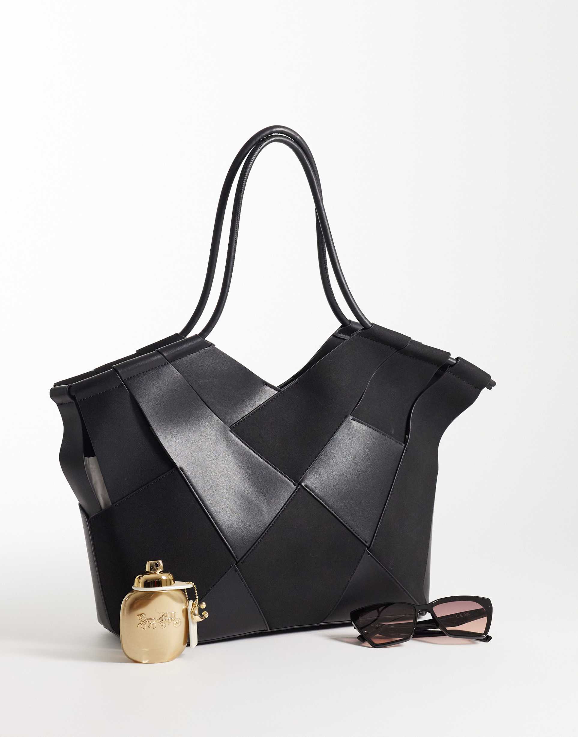 asos design mixed woven faux suede and faux leather tote in black