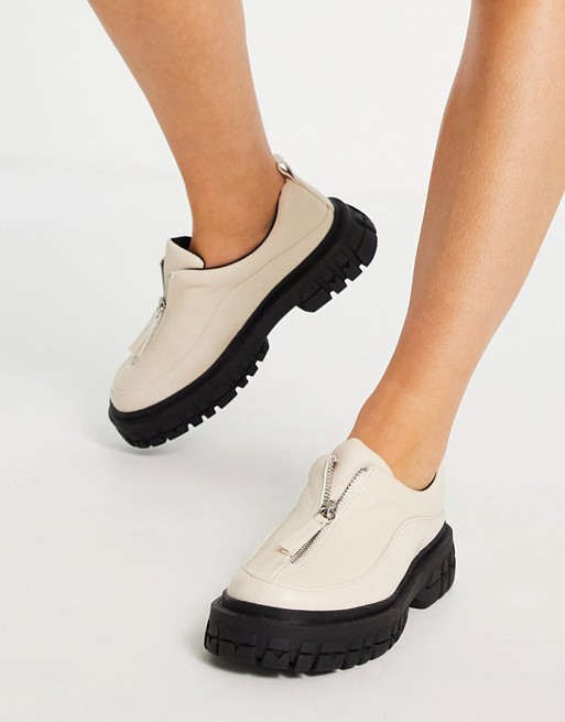 ASOS DESIGN Miya zip front chunky flat shoes in off white
