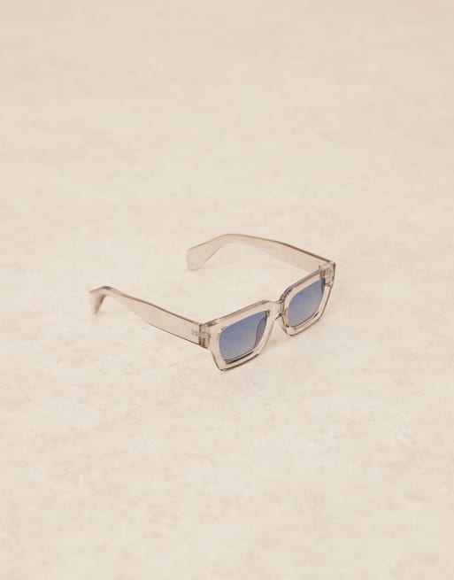 ASOS DESIGN – Mjölkigt grå, grova, fyrkantiga solglasögon med blå glas , 2 av 3