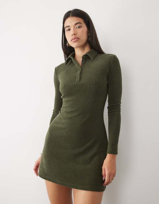 ASOS DESIGN mjuk manchester långärmad poloklänning i khaki, 2 av 4