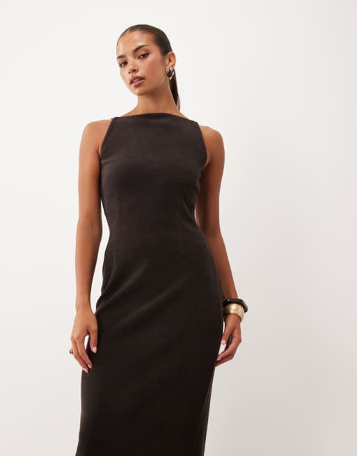 ASOS DESIGN mjuk manchesterklänning med båtringning i brunt, midi, 2 av 4