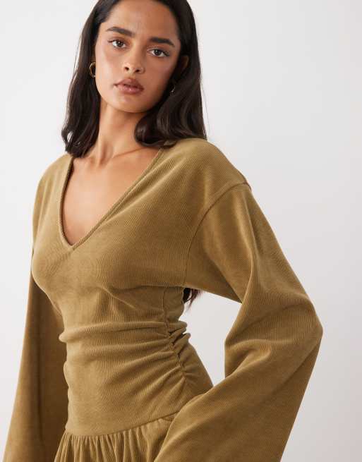 ASOS DESIGN mjuk manchesterklänning med hankey-fåll i minilängd i senapsgult, 3 av 4