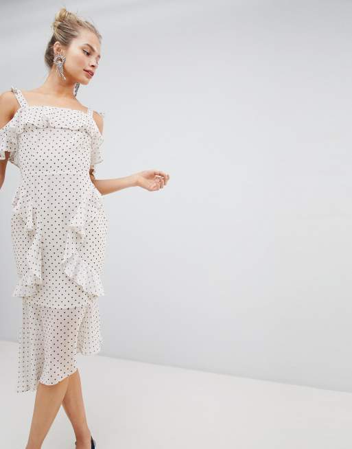 ASOS DESIGN – Mjuk prickig fodralklänning i midimodell med volang
