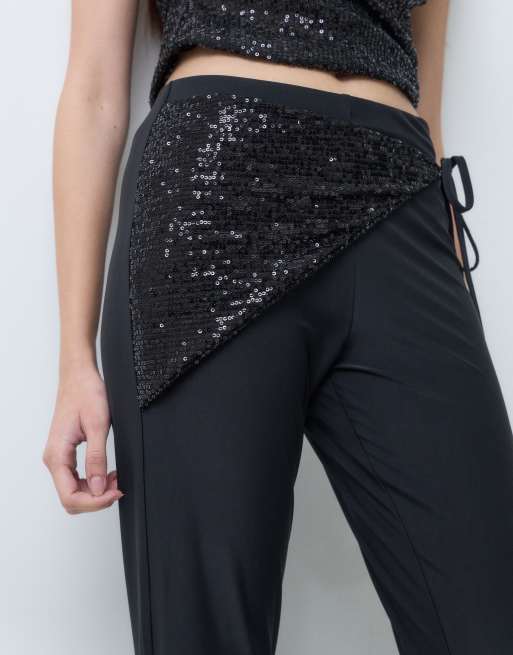 ASOS DESIGN mjuka byxor med vida ben och omlottmidja med paljetter i svart, 5 av 5
