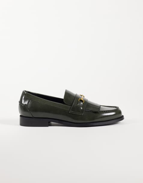 ASOS DESIGN Mocasines con hebilla horsebit dorada y flecos en verde oliva - view 1