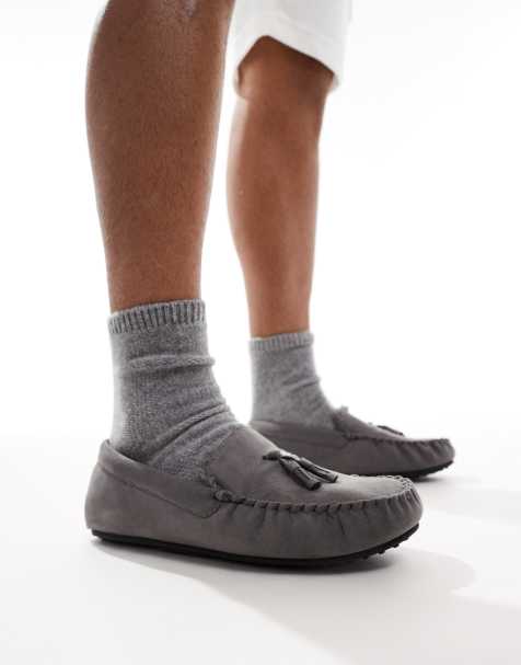 ASOS DESIGN - Mocassin pantoffels met voering van imitatiebont in grijs - view 1