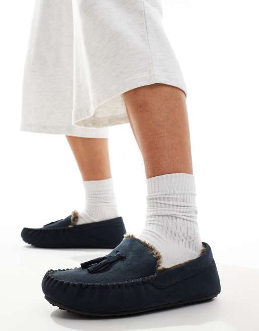 ASOS DESIGN - Mocassin pantoffels met voering van imitatiebont in marineblauw, 4 van 4