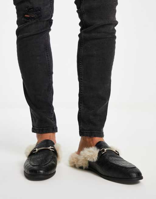 ASOS DESIGN - Mocassini a sabot in pelle sintetica nera con pelliccia sintetica, 4 di 4