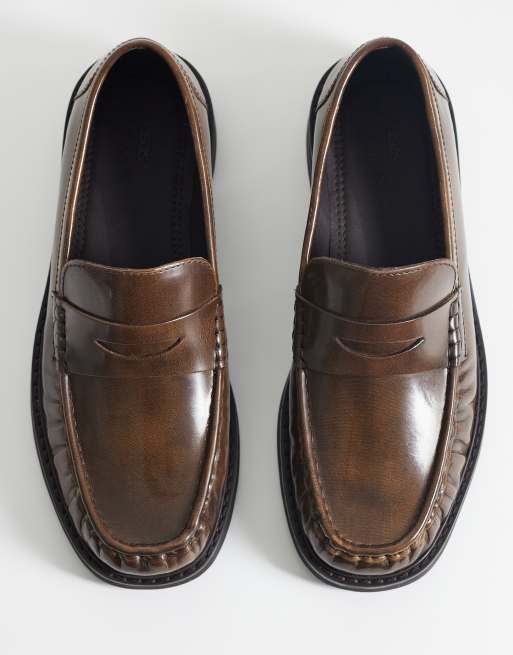 ASOS DESIGN - Mocassini college marroni in pelle con arricciature, 3 di 4