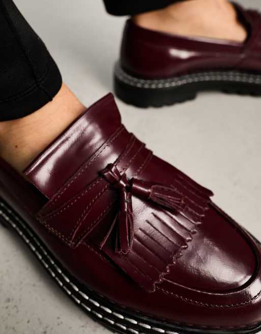 ASOS DESIGN - Mocassini in pelle bordeaux con suola spessa e impunture a contrasto, 2 di 4