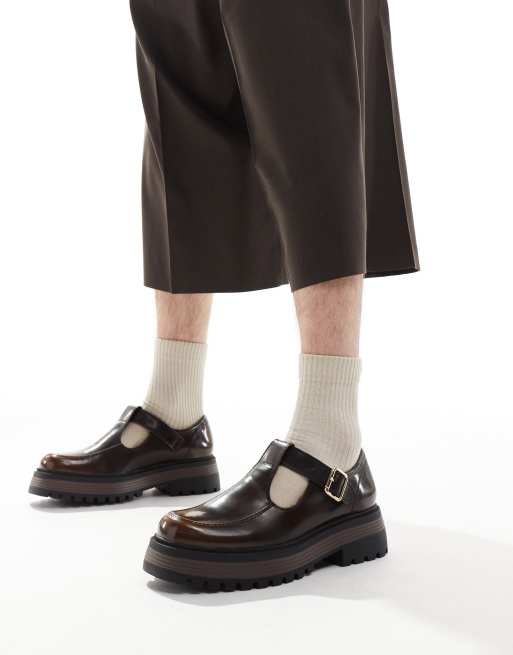 ASOS DESIGN - Mocassini Mary jane in pelle sintetica marroni con suola spessa, 2 di 4